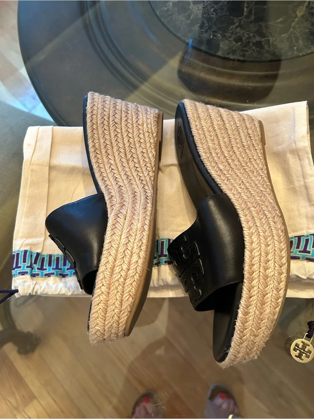 Tory Burch Weston Black Leather Espadrille Slide Mules 6.5